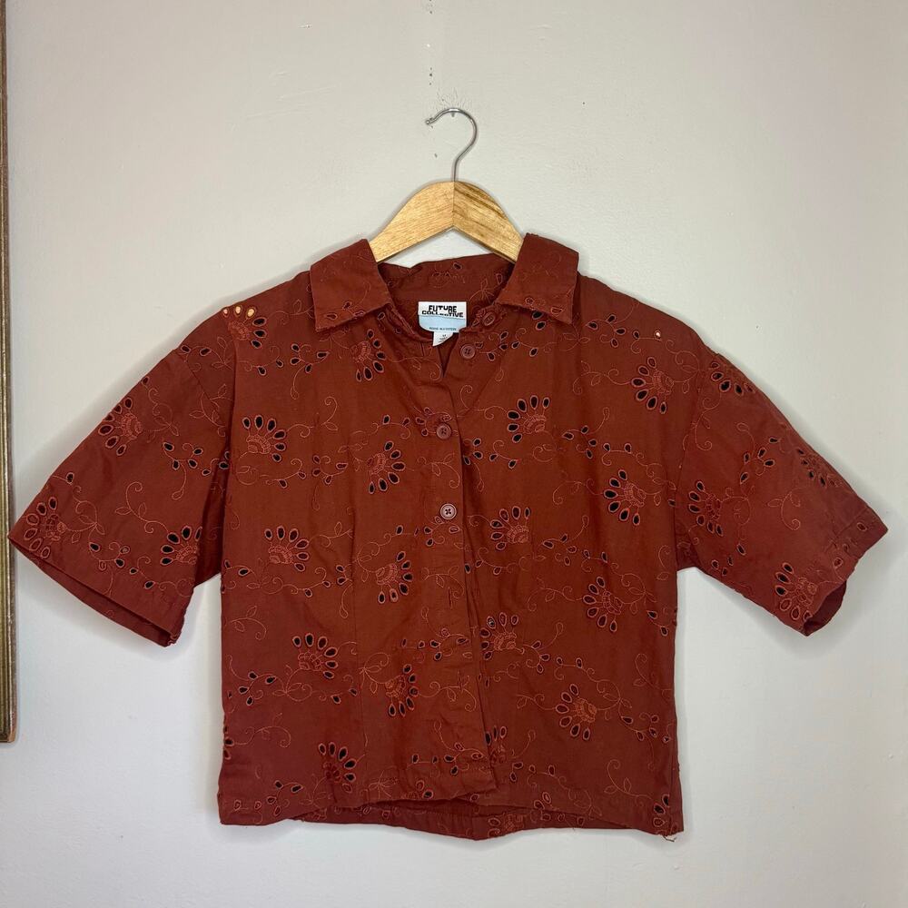 Future Collective Reese Blutstein Rust Eyelet Cropped Shirt Medium